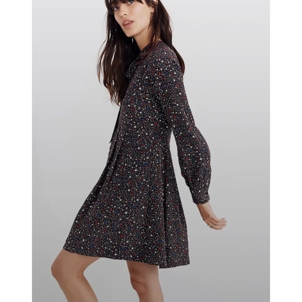 Madewell Balsam Tie Neck Black Starry Night Print Silk Long Sleeve Dress 0
